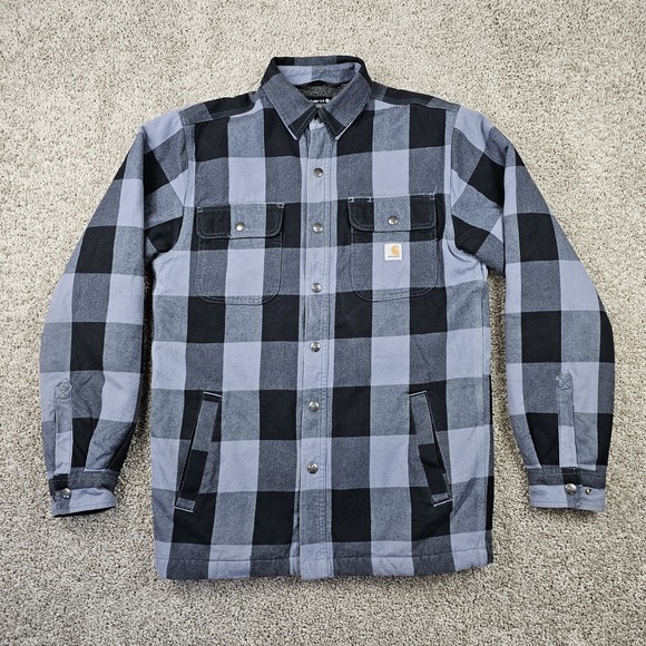 Carhartt Men's Shacket Shirt Jac Size Small Black & Gray Plaid 104911 E31